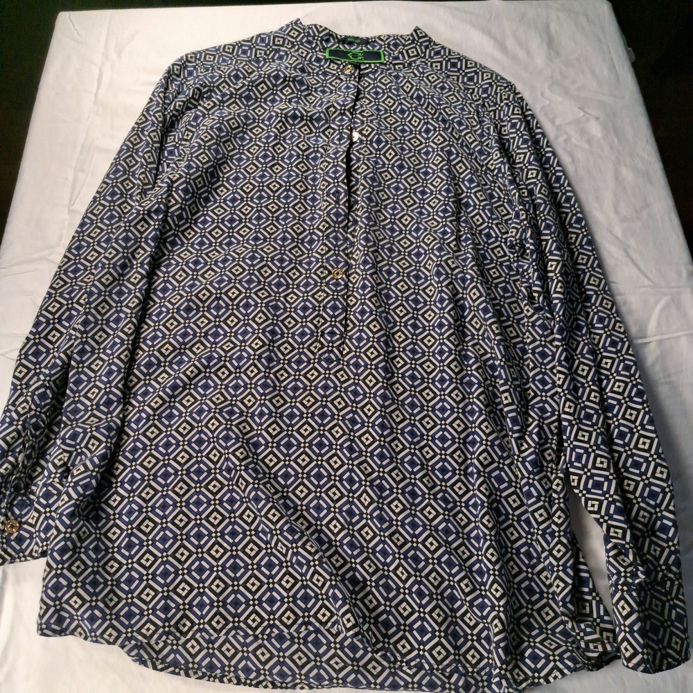 C Wonder Shirt Womens XL Navy & Green Print 100% Silk 3/4 Button Up‎ Blouse
